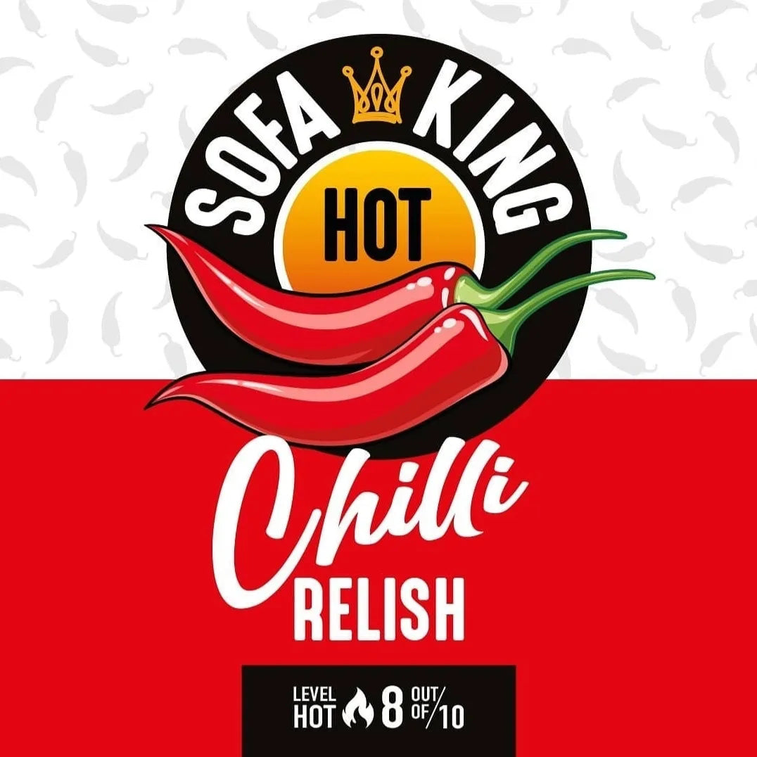 Sofa King Chilli Relish branding graphic with a black circular logo, white text, a yellow HOT center, two red chili peppers, and a red lower section with the product name 'Chilli RELISH' and a hot level badge.