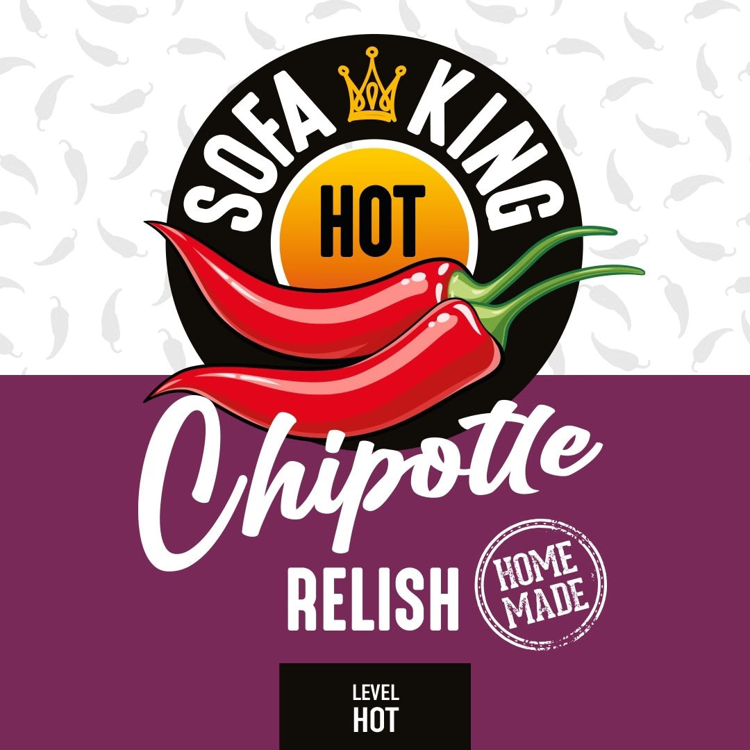 Sofa King Chipotle Relish branding graphic with a black circular logo, white text, a yellow HOT center, two red chili peppers, and a red lower section with the product name 'Chipotle RELISH' and a hot level badge.
