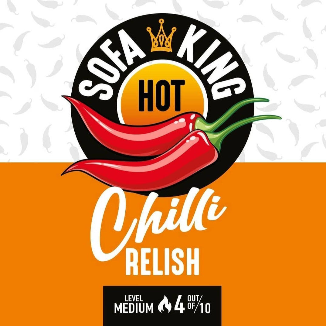 Sofa King Chilli Relish branding graphic with a black circular logo, white text, a yellow HOT center, two red chili peppers, and a red lower section with the product name 'Chilli RELISH' and a medium level badge reading '4 OUT OF 10'.