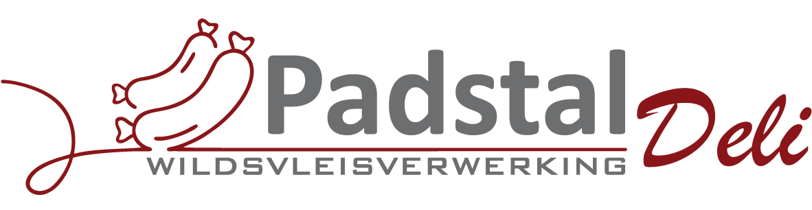 Official Padstal Deli logo featuring a red sausage line-art illustration, the word 'Padstal' in gray letters, 'Deli' in red script, and the tagline 'WILDSVLEISVERWERKING' underneath.