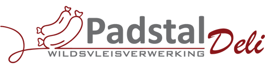 Official Padstal Deli logo featuring a red sausage line-art illustration, the word 'Padstal' in gray letters, 'Deli' in red script, and the tagline 'WILDSVLEISVERWERKING' underneath.
