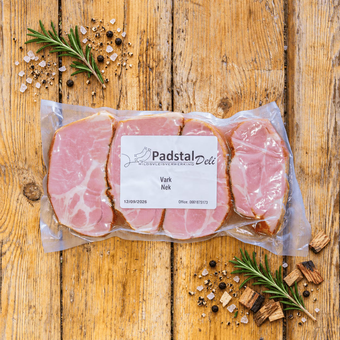 Four individual slices of smoked pork neck arranged side-by-side on a well-used, square wooden chopping board. The board sits on a rustic wooden plank table garnished with fresh rosemary, peppercorns, coarse salt, and wood chips scattered around the edges.