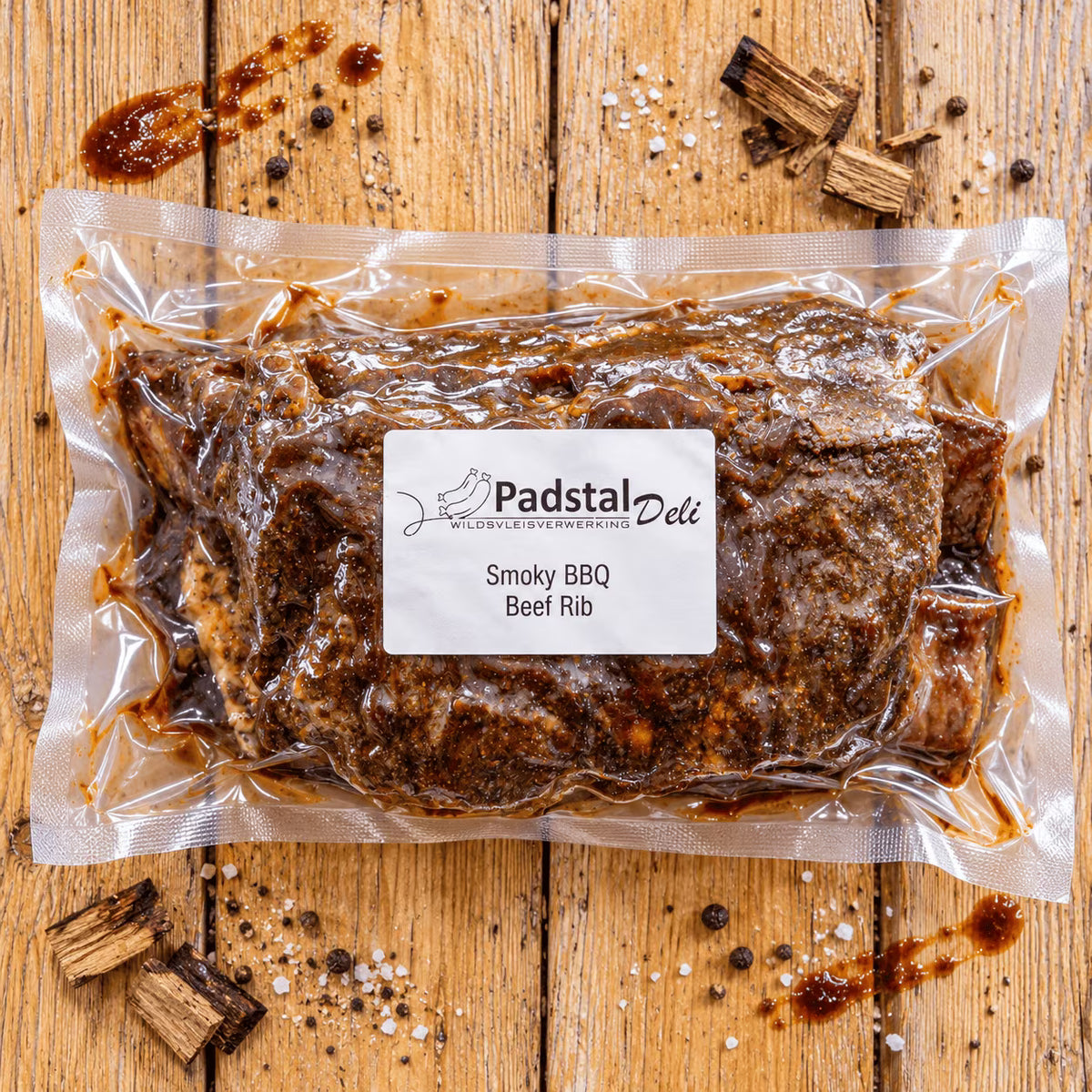 A vacuum-sealed package containing a large beef rib generously coated in a dark, glossy BBQ marinade, resting on a rustic wooden surface. The clear plastic packaging features a white label with the Padstal Deli logo and the text "Smoky BBQ Beef Rib". The package is surrounded by scattered drops of BBQ sauce, coarse salt crystals, whole black peppercorns, and small pieces of charred smoking wood.
